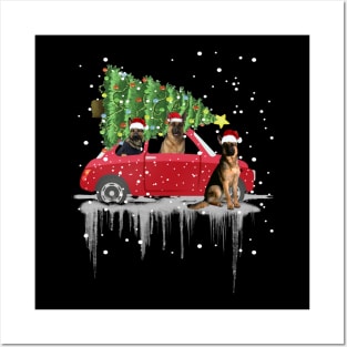 Car Red Truck Merry Christmas Tree German Shepherd Christmas Santa Hat Xmas Posters and Art